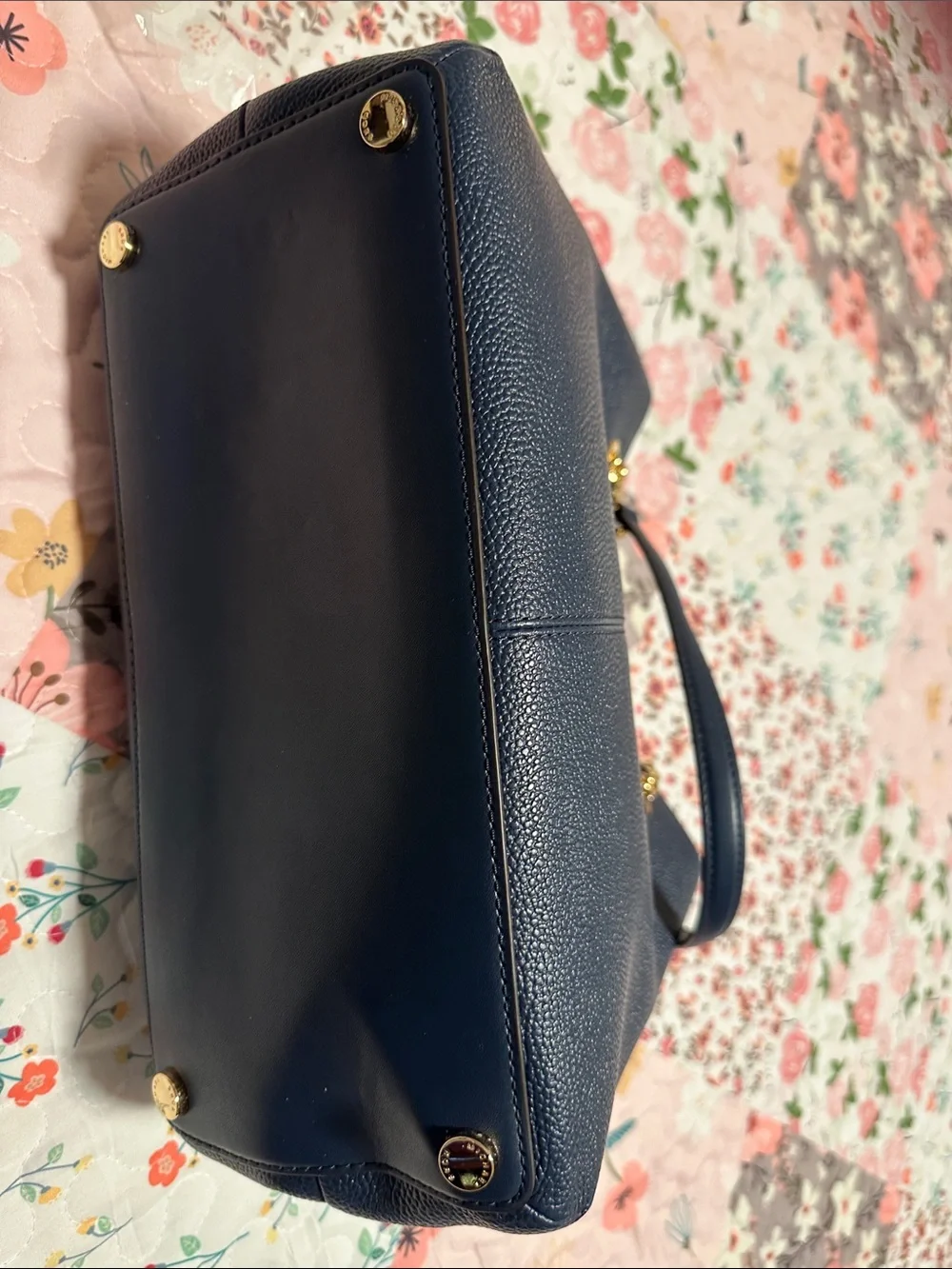 Michael Kors Navy Pebbled Leather Shoulder Tote with Gold Chain Straps